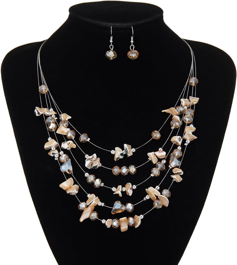 Errally Store Multi-Layer Boho Shell Beaded Necklace for Women Colorful Crystal Strand with Silver Beads Statement Collars Necklace and Earrings Costumes Jewelry Sets for Women - Image 4